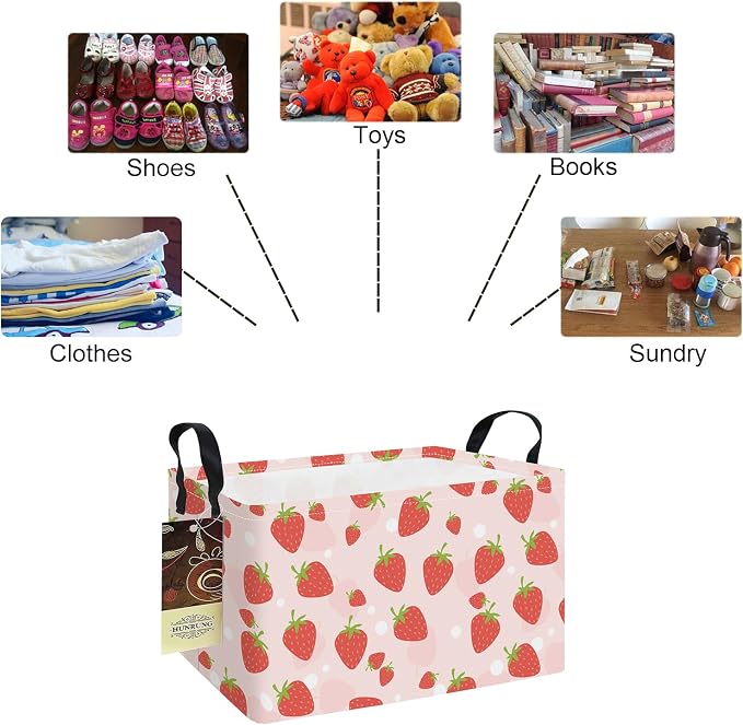Rectangle Foldable Storage Basket Handles For Home, Pink Strawberry | Waterproof canvas material, reinforced handles, perfect for shelf use, organizes clothes, daily items and pet supplies