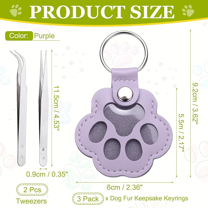 Dog Fur Storage Keychain, Pet Fur Keepsake Keyrings, Paw Shaped, Pet Hair Keepsake Keychains with Tweezers