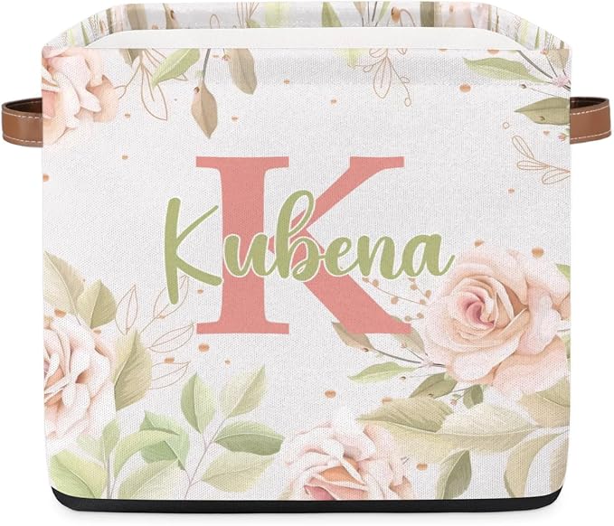 Personalized Name-Initial Pink Flower Storage Baskets for Women Girls, Custom Portable Square Storage Bins with Handles Foldable Organizer for Clothes, Toys, Blanket, Towel,Pet 13”