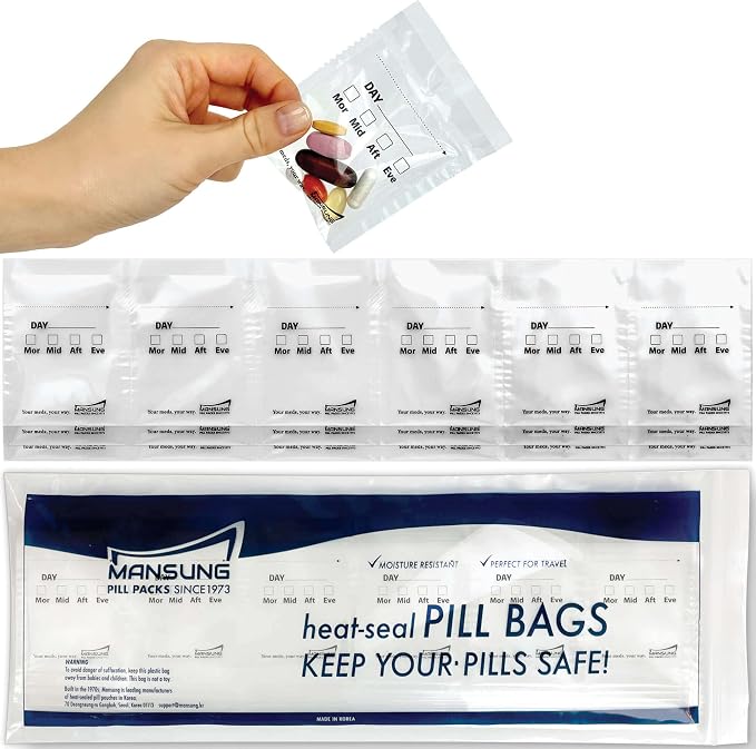 Mansung M 600 Bags/ 4 Times a Day, Heat Seal Pill Bag pouche Pack Sealed for Medicine Funnel Tray Loading AM PM Organizer Dispenser kit Daily Sealing Filler Vitamin sorter envelopes Blister Packs