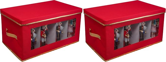 Simplify Holiday Figurine Storage Box | 8 Compartments | Seasonal and Christmas Décor Organizer | Nutcrackers | Lidded | Red (Pack of 2)