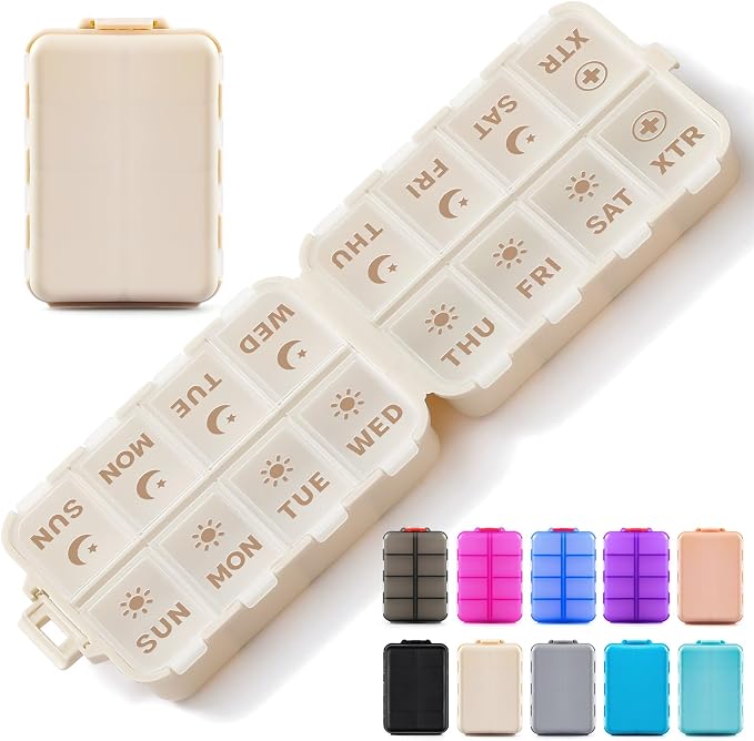 Compact & Foldable Weekly Pill Organizer 2 Time a Day, 7-Day AM PM Pill Box | Large Capacity, Dual Protection, Etched Labels- Week Daily Travel Vitamin Case Holder, Supplement Fish Oil Medicine Dispenser
