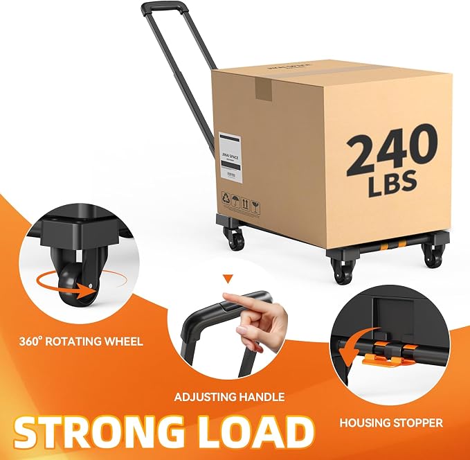 Folding Hand Truck Collapsible Crate Set, No Assembly Required 2 in 1 Utility Portable Rolling Crate Handcart with 4 Big Wheels & 2 Elastic Ropes & Removable Storage Crates (2.76 inches brakes wheels)