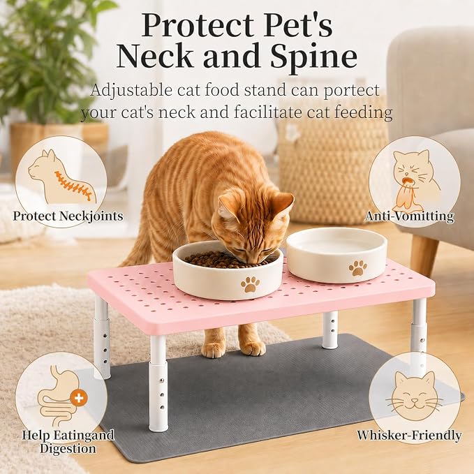 Adjustable Automatic Cat Feeder Stand - Elevated Cat Feeder Stand with 3 Height Settings, Fits Most Automatic Feeders & Tradition Bowls, Raised Pet Feeding Table Station for Cats & Small Dogs - Pink