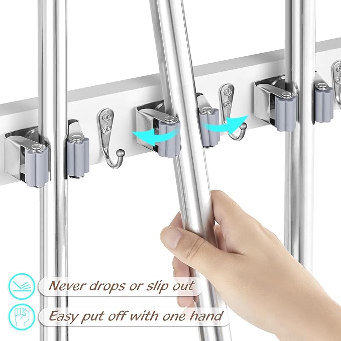 OUTNILI White Mop Broom Holder Wall Mount with 4 Slots & 4 Hooks - Wood Broom Mop Hanger for Pantry Closet Laundry Room Organization - Heavy Duty Garden Tool Organizer - White Kitchen Decor