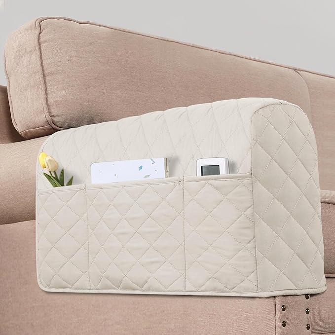H.VERSAILTEX Water Resistant Couch Arm Covers for Sofa, 2 Pack, Ivory/Beige | Waterproof Armchair Caddy, Couch Arm Covers Remote Control Holder Sofa Armrest Organizer for Magazine, Tablet, Phone, iPad
