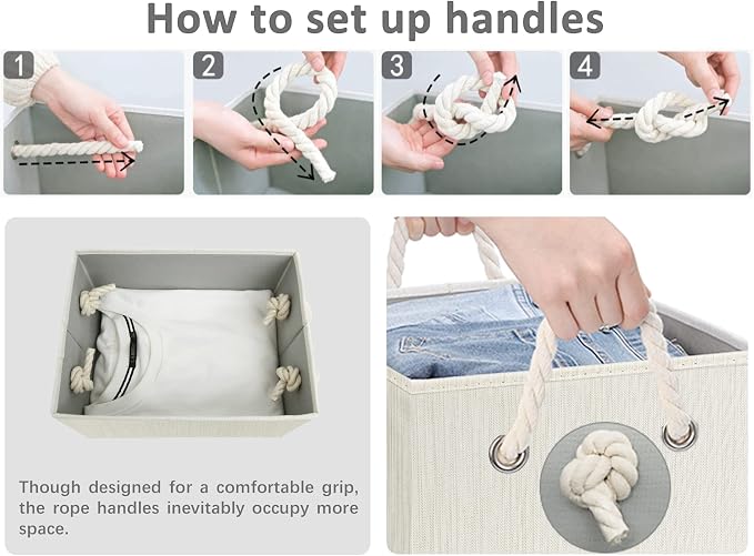StorageWorks Storage Bins with Lids, Decorative Storage Boxes with Soft Rope Handles, Foldable Stackable Storage Baskets for Closet, Shelves, 3-Pack, Ivory and White, Medium