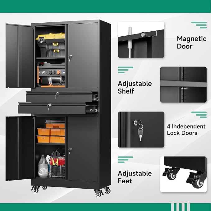 Metal Garage Storage Cabinet with Wheels,Rolling Tool Cabinet with 4 Door Lock-Adjustable Shelves and 2 Drawer for Garage Home Office Utility Room (Black with Wheels)