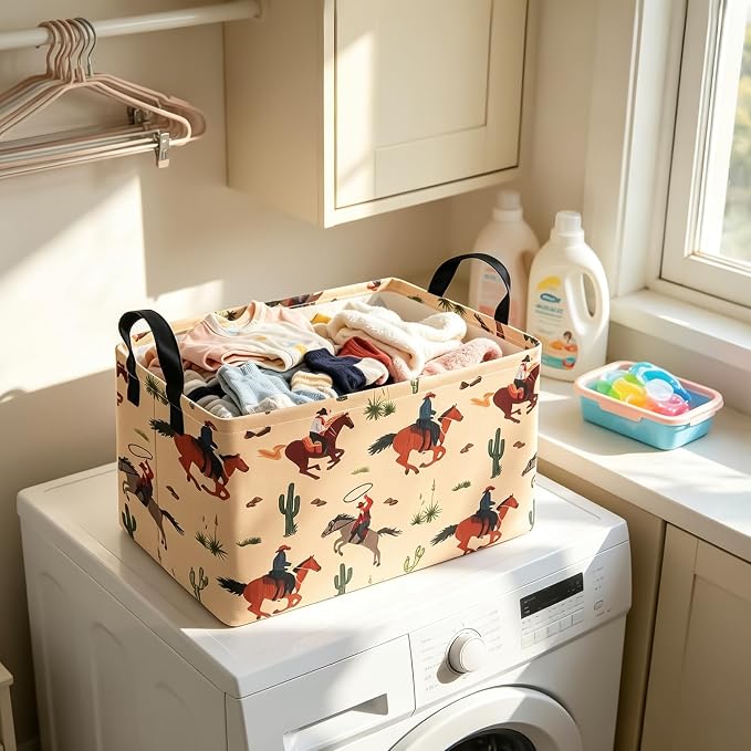 Rectangular Collapsible Storage Basket Nursery Toy Organizer Cactus Cowboy | Storage Bin Foldable Canvas with Handles for Organizing Home Kitchen Children Toys Office Closet Shelf Baskets