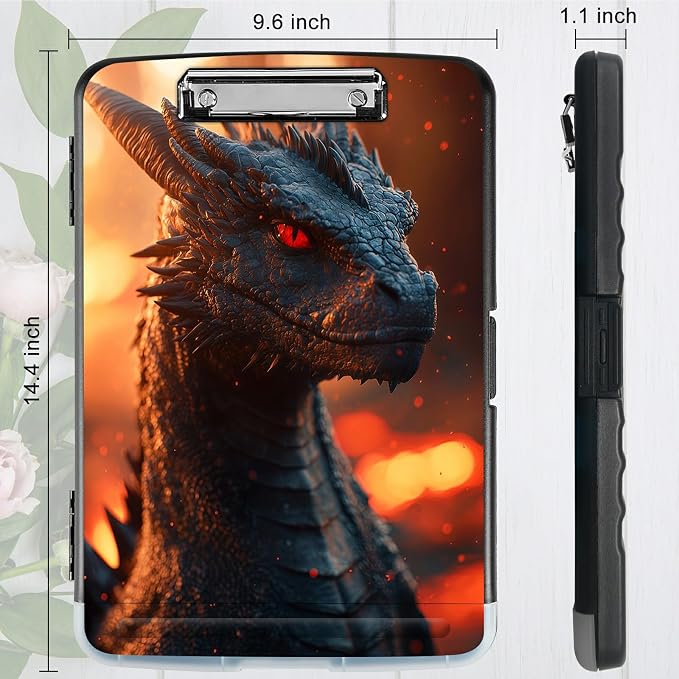 A4 Clipboard with Storage Pen Holder, Clipboards Organizer Nursing Clipboard Foldable File Folder Plastic Clipboard Folio Clip Board for Office Work Classroom Doctor, Red Eyed Dragon