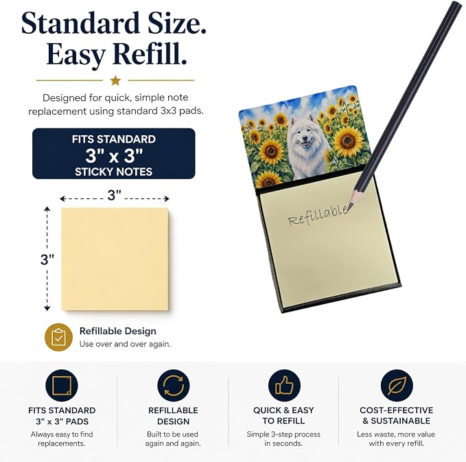 Caroline's Treasures Samoyed in Sunflowers Watercolor Sticky Note Holder Refillable Dispenser Desk Accessory 3x3 Pad Gift