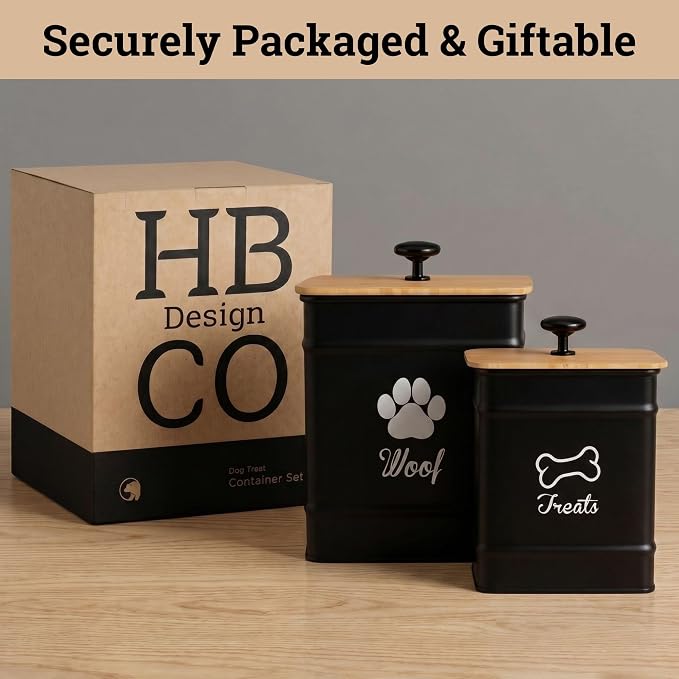 Dog Treat Container Airtight Set of 2 - 8x6 & 7x5 inch Iron Dog Treat Jars for Kitchen Counter with Airtight Bamboo Lids - 20 Cup Capacity Pet Treat Container Set - Doggie Cookie Jar - Treats Canister | Fits All Popular Treats, Up to 20 Cups Combined C...