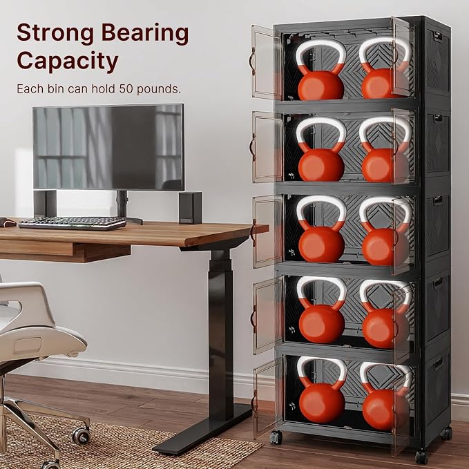 Stackable Storage Bins with Lids, 240QT Lockable Storage Cabinet | Folding Storage Box with Doors and Wheels, Collapsible Plastic Drawers for Home, Garage, Office