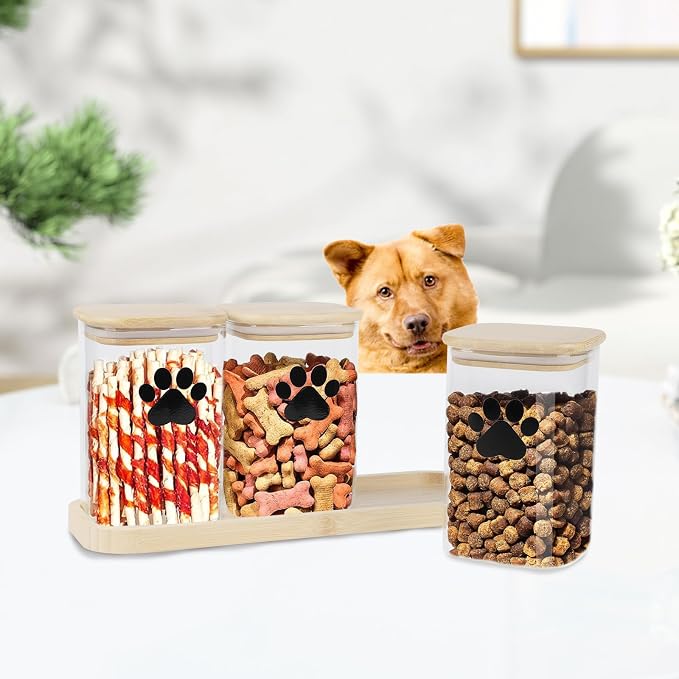 37oz Glass Dog Treat Jars Set of 3,Clear Dog Treat Container with Bamboo Lids,Airtight Cat Treat Jar,Small Pet Treat Canister,Puppy Food Bin-Keep Fresh Crispy-Square