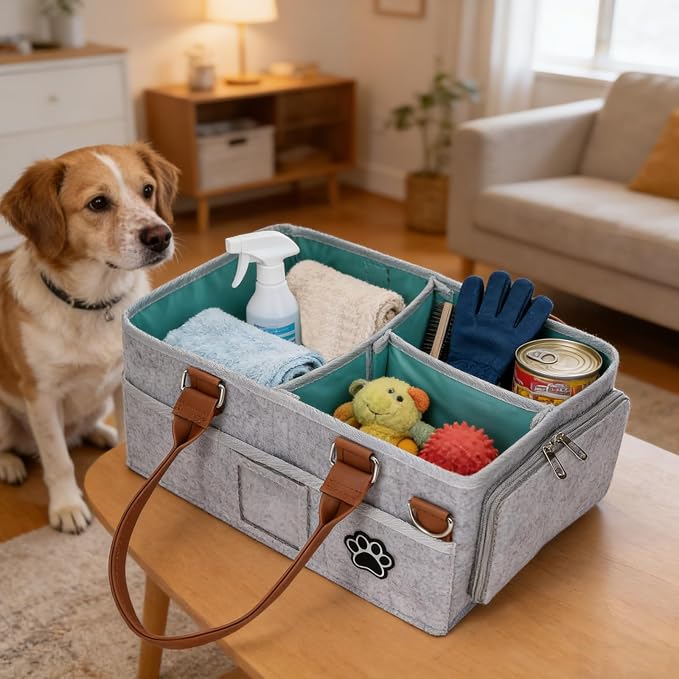 Felt Dog Grooming Bag, Pet Portable Tote Bag with Handle, Dogs Storage Organizer, 3 Compartments Caddy with 8 Pockets, Ideal for Dog Cat Grooming Tool Kit/Diaper/Blanket/Pads-Gray