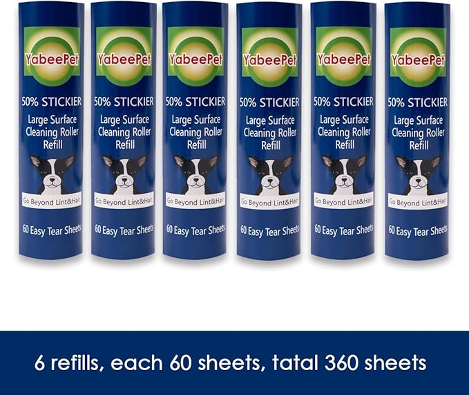 8 inch Large Surface Roller Refill for Scotch-Brite 50% Stickier Lint Roller, Works Great On Pet Hair (60 Sheets per Roll, 6 Pack)
