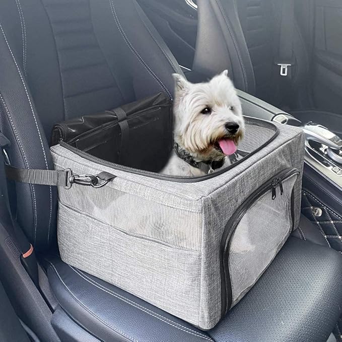 SlowTon Dog Car Seat - with Reinforced Metal Frame for Pets up to 15lbs | Safe Pet Car Seat with Safety Belt & Waterproof Pee Pad & Top Cover, Portable Collapsible Puppy Carrier Bag for Small Dogs