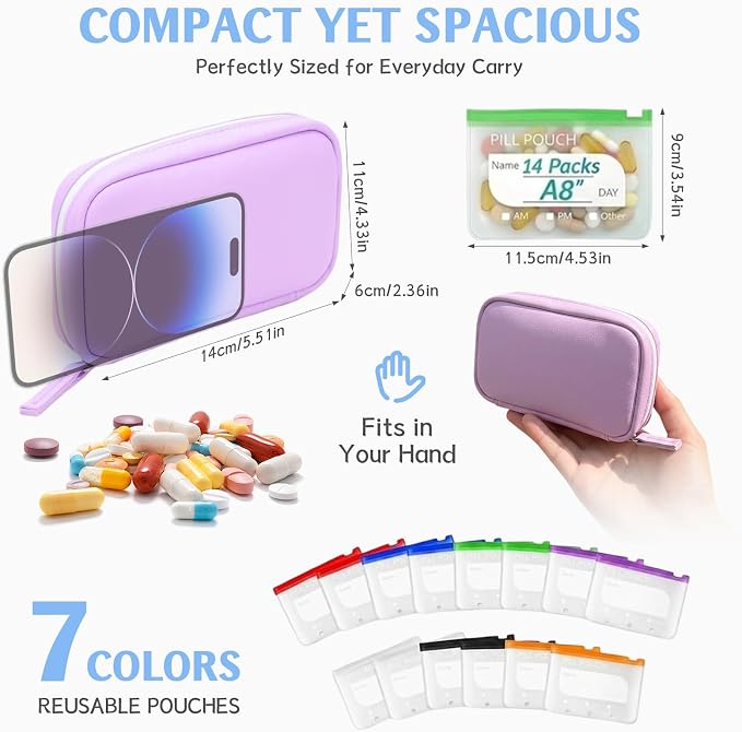 A8 Weekly Waterproof Pill Pouch Set, Reusable Weekly Pill Organizer with 14 Coded AM PM Pouches, Compact Portable Vitamin Supplement Storage Case for Travel Purse Daily Use
