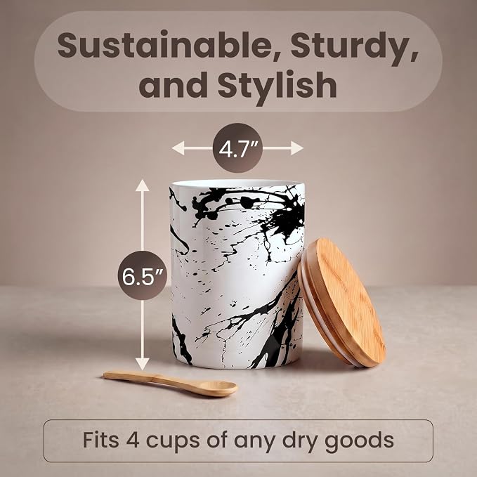 Arthausen Black Splatter Ceramic Storage Jar Canister for Flour Sugar Airtight Bamboo Lid w/Silicone Seal, Spoon - Modern Abstract Art Design for Kitchen Counter Bathroom - 4 cup / 1080mL