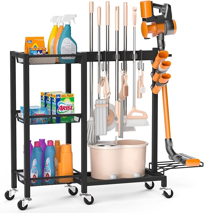 Broom Holder with Cleaning Supplies Organizer, 30.7"Wx11.8"Dx34.6"H | Load 350 LBS, Cleaning Cart with Wheels, 3-Tier Shelves, 6 Mop Hanger Grippers & 3 Double-Hooks, Vacuum Stand for Laundry