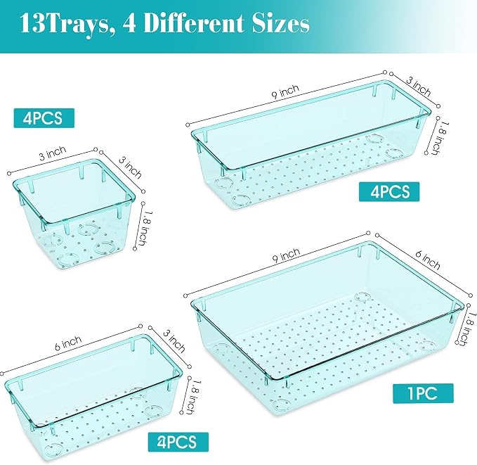 13 PCS Plastic Drawer Organizers Set, 4 Size Desk Drawer Organizer Trays | 4 Size Desk Drawer Organizer Trays for Makeup, Jewelry, Kitchen Utensils, Gadgets and Office