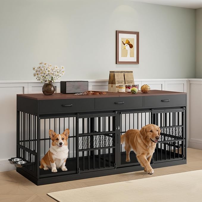 78.7" Extra Large Dog Crate Furniture TV Stand w/ 3 Drawers for 2 Dog | 2-in-1 crate & TV stand w/ removable divider. 3 drawers. 360° steel bowls. Heavy-duty, chew-proof. Fits large breeds.
