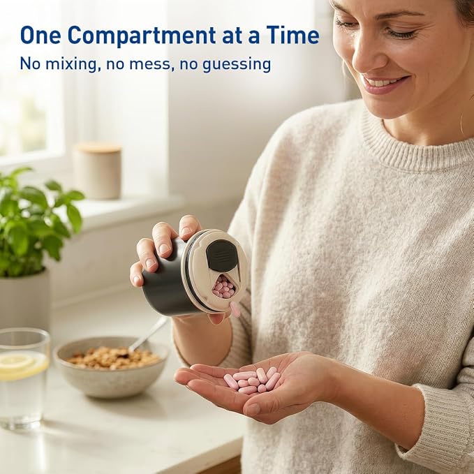 Ezy Dose Mini Vitamin Organizer, Multi Compartments, Black & Cream, Large | Portable and Compact Design, Easy Access Sliding Pill Dispenser, Supplement Organizer with Anti-Mix Design, Travel Friendly