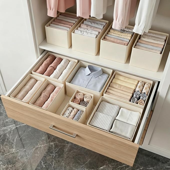 12-Piece Drawer Organizer Set | Non-Woven Fabric, Foldable Design, Multi-Size Grid Compartments, Reinforced Structure