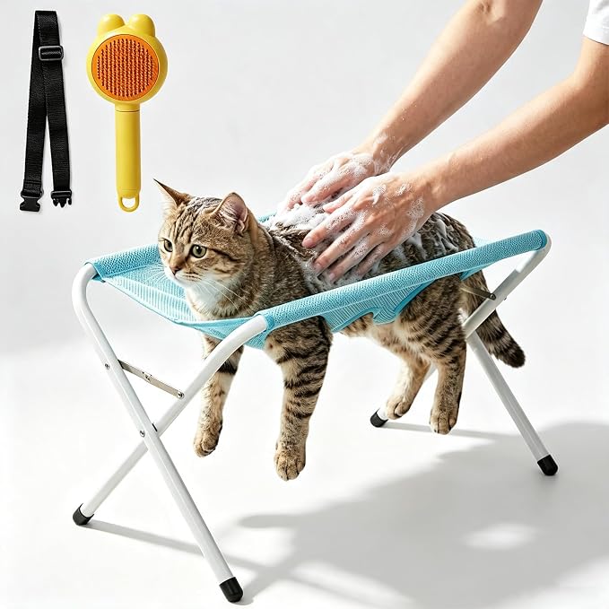 Foldable Pet Bathing Stand - Grooming Pet Bath Stand with Quick Surface and Strap, Pets Bathing Hammock Holds 44 Lbs, Mesh Bath Station for Bathings Nail Trimming for Pets (Blue)