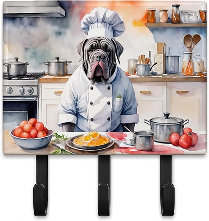 Caroline's Treasures Neapolitan Mastiff The Chef Leash or Key Holder Wall Hooks, Key Hooks Holder, Coat Rack Wall Mount, Coat Hooks, Hooks for Hanging Keys, Towels, Aprons, Leashes | Neapolitan Mastiff The Chef artwork on ceramic tile with three steel ...