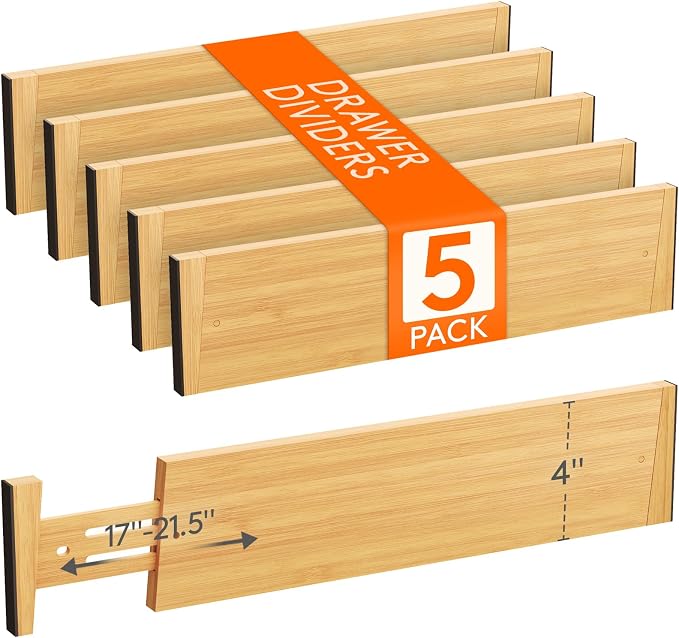 Lifewit 4" High Dresser Drawer Dividers, Adjustable Bamboo Drawer Organizer | 5 Pack 17"-21.5" Expandable Drawer Separator for Clothes, Utensils, Kitchen, Cabinet, Closet, Nursery Organization & Storage