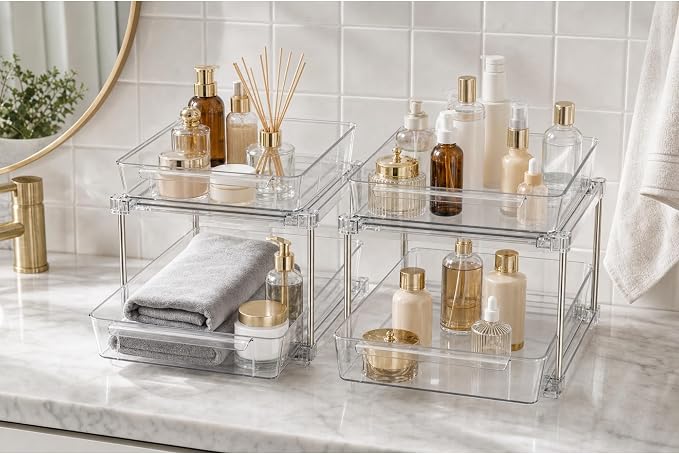 4 Pack Under Sink Organizers and Storage, 2 Tier Clear Pull Out Drawer Organizer for Bathroom Vanity and Kitchen Cabinet, Stackable Slide Out Bins, No Tool Set Up, 11.8"x6.9"x11.8"