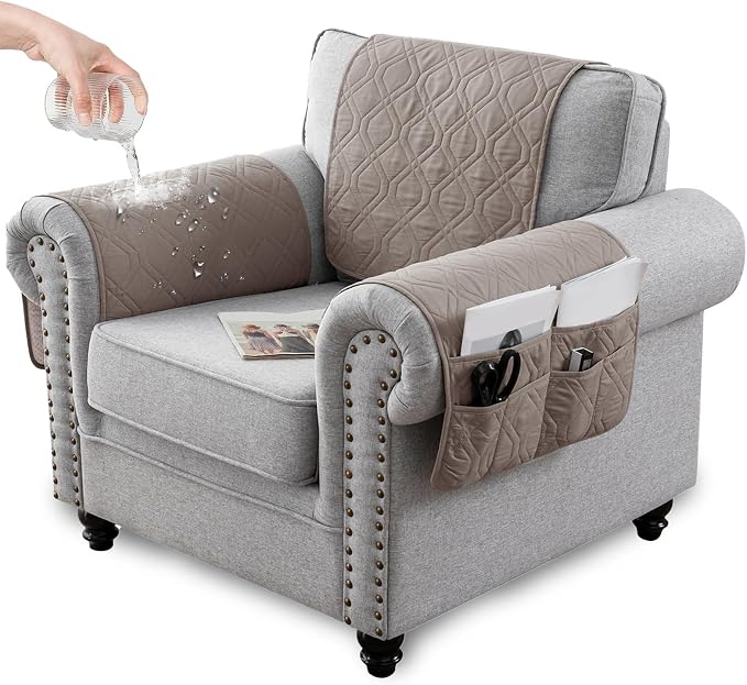 Recliner Armrest Cover with Headrest, Chair Armrest Slipcover with Side Pockets, Water-Resistant, Non Slip Furniture Protector for Pets (Khaki,2 Seater 4PCS)