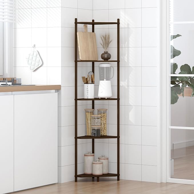 Wisuce Brown Tall Corner Shelf Stand, 5-Tier Bamboo Corner Bookshelf | Space-Saving Narrow Corner Shelf | Bathroom Corner Shelf | Shelves for Bedroom, Living Room, Kitchen & Plant Display
