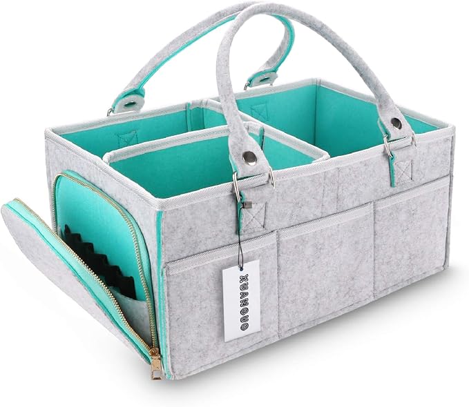 XUANGUO Large Baby Diaper Caddy Organizer, Felt Basket with Handles, Green | Nursery storage bin with dividers; portable tote bag for baby stuff, changing table or car, baby shower and registry gifts.