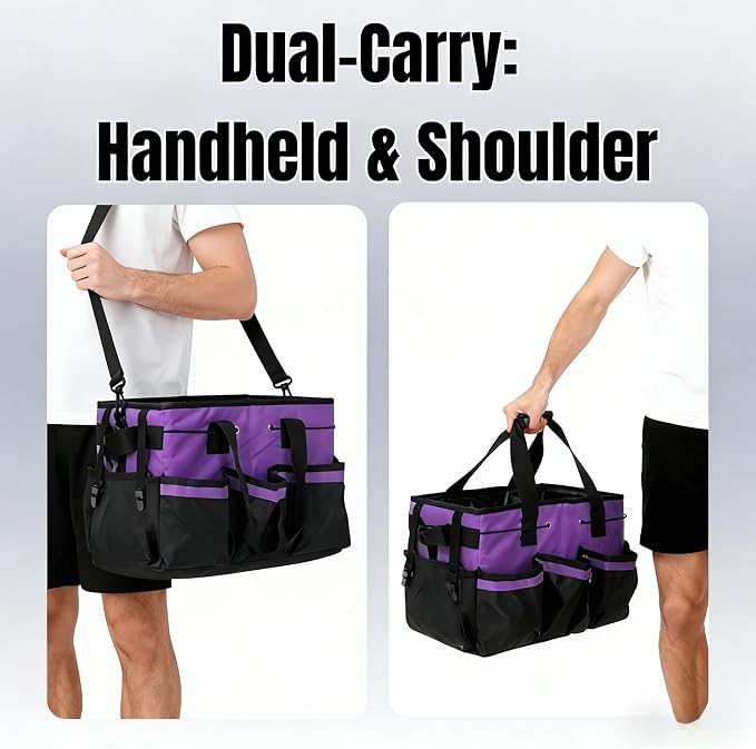 Tool Organizer Tote Bag, Pink and Black, Large Capacity with Adjustable Compartments, Portable Cleaning Storage Caddy, 14.96x10.63x9.06 Inches (Purple)