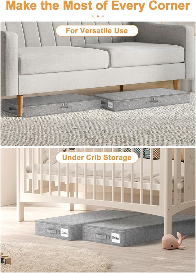 punemi 4 in High Sturdy Low Profile Under Bed Storage, 2 Pack, Grey | Shallow Clothes Storage Bins with Sturdy Side & Bottom, Slim Design,for Under Bed, Couch, Sofa, Crib & Dresser