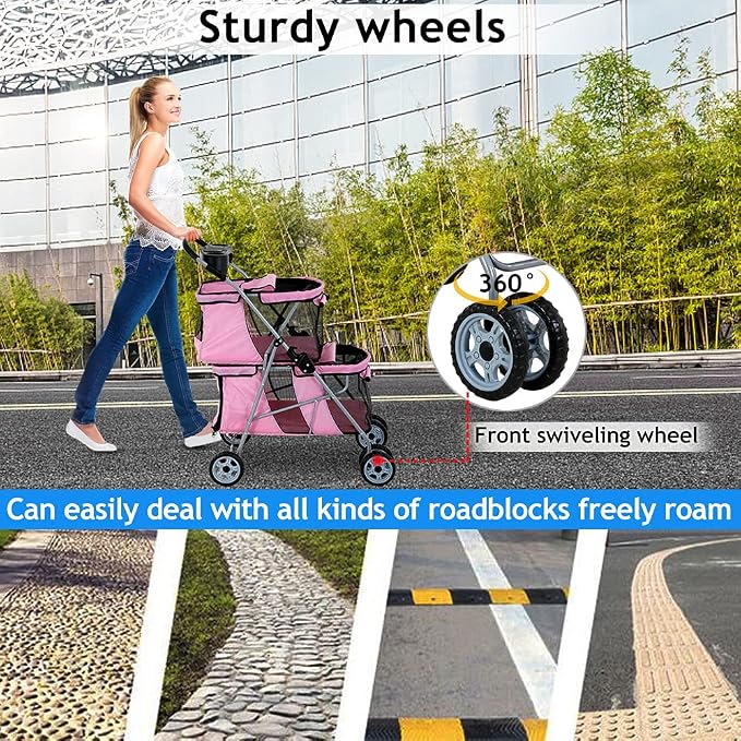 Dkeli 4 Wheel Pet Stroller for Small and Medium Dog Cats, Double Dog Stroller with Cup Holder, Folding Travel Cage for 2 Puppies or Two Kittens, Pink