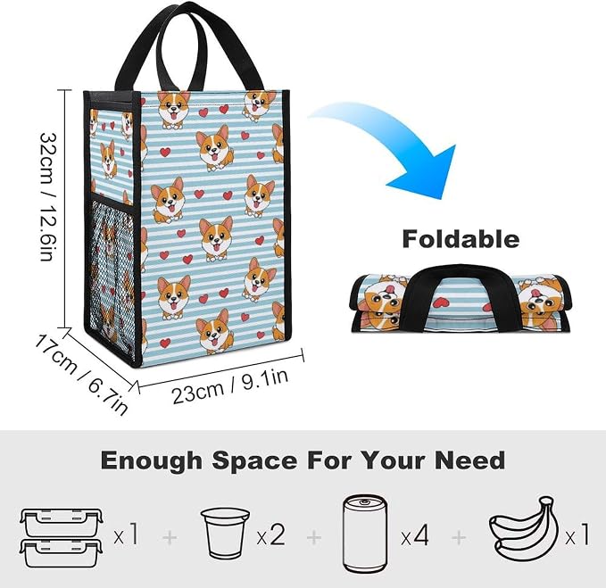 Insulated Lunch Tote Bag Reusable Lunch Box Container Insulated Meal Bags Portable Food Organizer Compatible with Cute Cartoon Lovely Corgi Dogs And Hearts