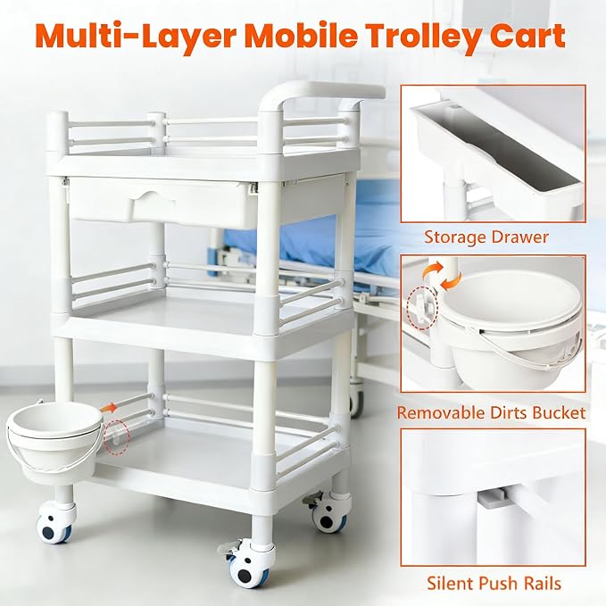 lesolar Medical Trolley 3 Tier Rolling Medical Utility Cart with Dirt Bucket & Drawer Heavy Duty Esthetician Trolley Cart for Spa Beauty Salon Wax