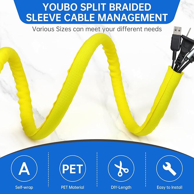 Split Braided Cable Sleeve，Flexible Wire Loom Tubing, Automotive Cord Protector Pet Proof, Cable Management for Computer TV Electric Wires Harness 16ft (Yellow, 13mm（1/2")