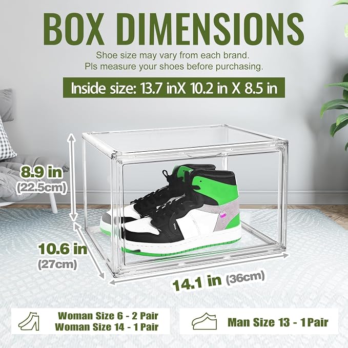 Heavy Duty Acrylic Shoe Box, Size 14, Stackable Everyday Footwear Storage | Wide Magnetic Door, Fits Size 14 Sneakers, Casual Shoes, Athletic Footwear. Clear Acrylic Design & Dustproof Storage