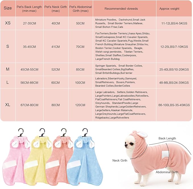 Pet Bathrobe Towel Dog Cat Drying Coat Super Absorbent Cute Dogs Bath Towel Hooded Robe Adjustable Collar & Belly Strap for XSmall to XLarge Pets (Coralpink, X-Large)