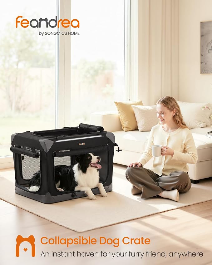 Feandrea Collapsible Dog Crate, Portable Oxford Fabric Pet Travel Crate with 4 Mesh Doors, Handles, Pocket, 30 Inches, for Medium Dogs, Ink Black and Dove Gray UPDC027BH01