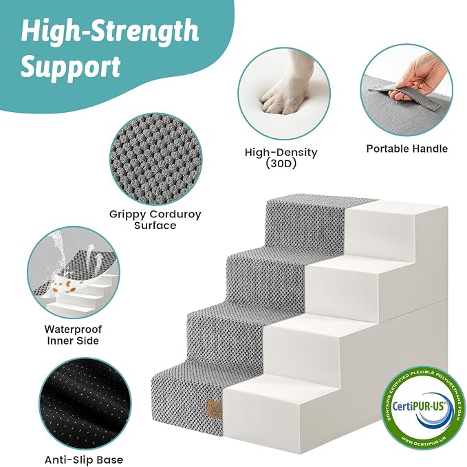 COZY KISS Dog Stairs for Small Dogs, 4 Step Pet Stairs for Beds & Couches | 17.7" H Extra Wide Non-Slip Dog Steps with Removable Tiers & Support Board for Puppies, Older Cats & Dogs, Grey