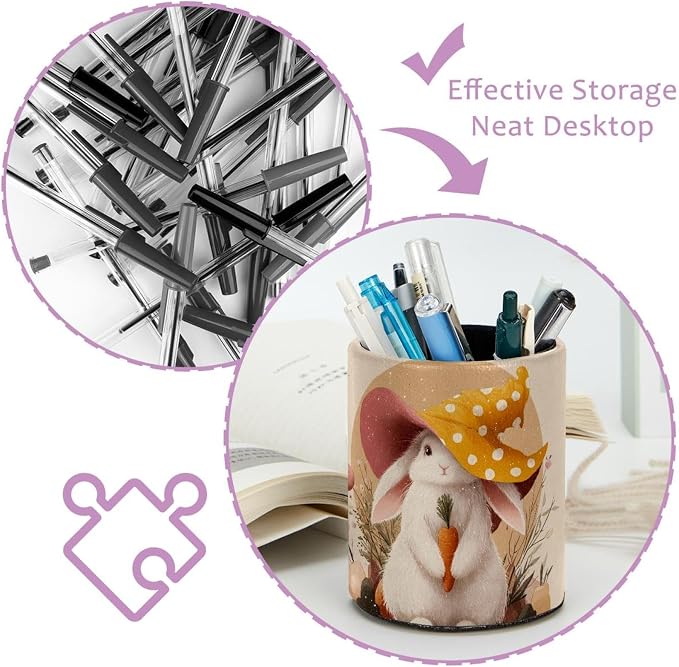 Faux Leather Pen Holder for Desk, Pencil Organizer Cute Easter Bunny Pen Cup Desk Decor Makeup Brush Holder Storage for Office Home