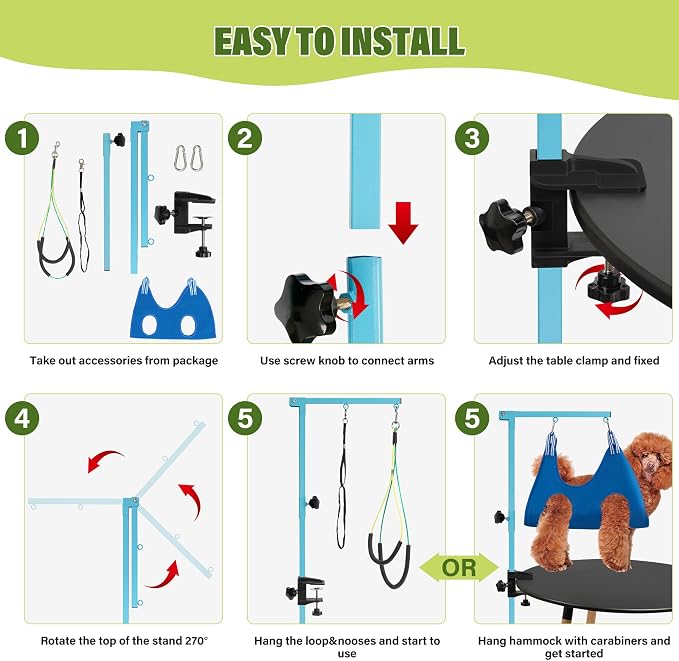 getlstub Dog Grooming Arm with Pet Grooming Hammock, 35" Pet Grooming Table Arm with Adjustable No Sit Haunch Holders, Dog Grooming Stand with Loop Noose for Small and Medium Pets, Blue