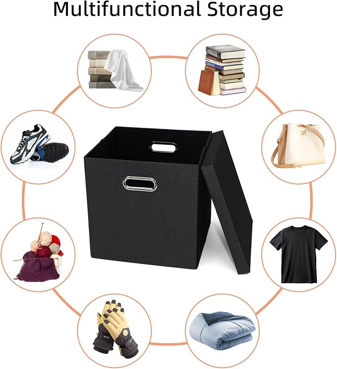 Storage Bins with Lids, Linen Fabric Boxes Organizer Containers with Lid Foldable Storage Box Basket for Closet, Shelves, Home, Office,12 x 12 x 12 Inch, 4 Pack, Black, AG3006-7