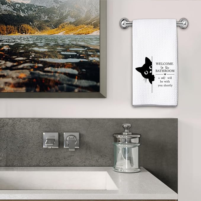 KIDEAR Funny Black Cat Bathroom Decor Welcome to The Bathroom Hand Towel,1 PCS Cute Black Cat Kitchen Towels for Toilet Wall Decorations,Cute Animal, Gifts for Women, Pet Owners Housewarming - A07