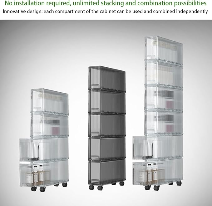 Slim Storage Cabinet with Wheels, Space Saving Narrow Rolling Cart, Thickened PET Transparent Drawer Organizer, Mobile Bathroom for Small Spaces Kitchen Laundry(Clear Gray,5.9*15.9*59.7in)